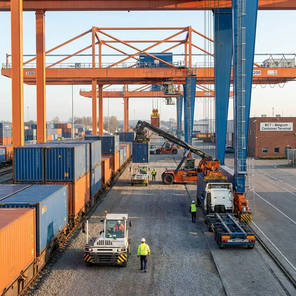 Rail container terminal with orange and blue gantry cranes, where a reach stacker loads containers onto a freight train while terminal tractors and workers in high-visibility vests move alongside.